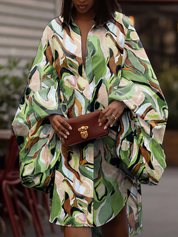 Olivia Bennet | Long Sleeves Loose Buttoned Elasticity Printed Lapel Midi Dresses Shirt Dress