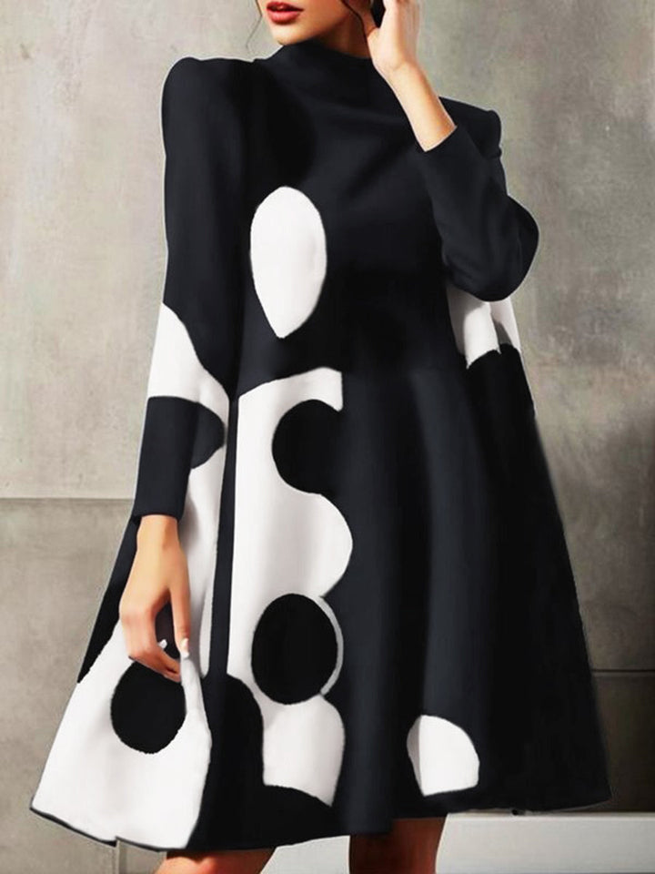 Olivia Bennet | A-Line Long Sleeves Polka-Dot Split-Joint Mock Neck Mini Dresses