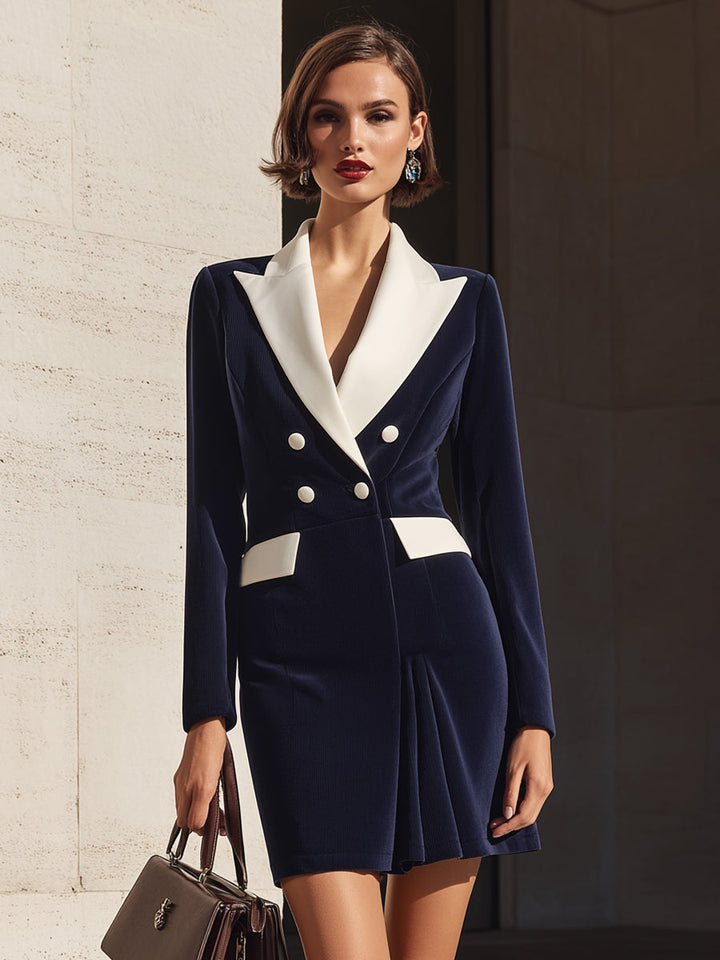 Olivia Bennet | Navy Contrast-Lapel Double-Breasted Blazer Dress
