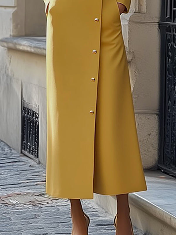 Olivia Bennet | Long Sleeves Loose Buttoned Pockets Solid Color Split-Joint Stand Collar Maxi Dresses