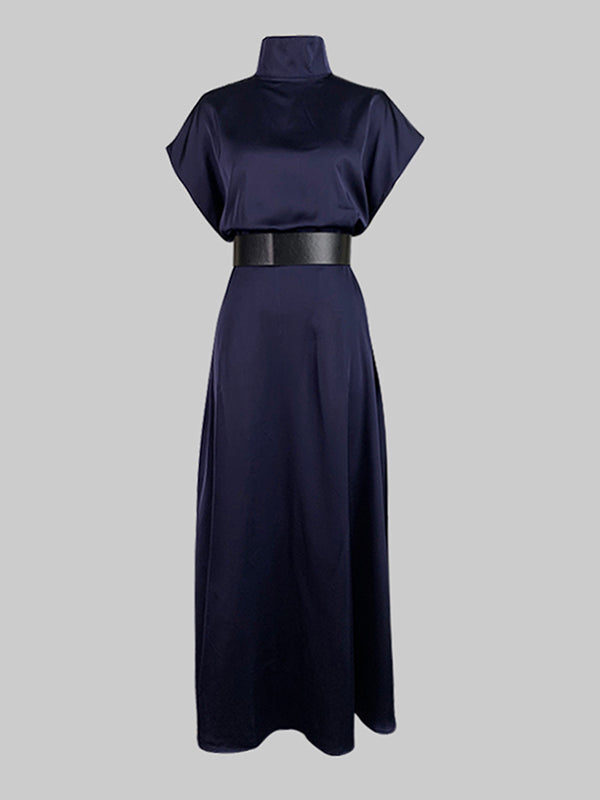 Olivia Bennet | Loose Raglan Sleeve Solid Color Split-Joint Tied Waist High Neck Maxi Dresses