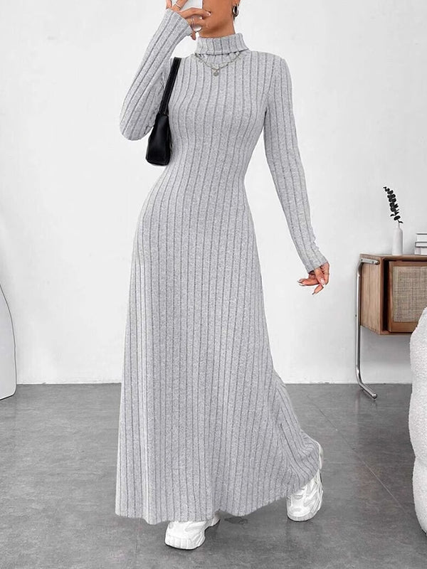 Olivia Bennet | Long Sleeves Pleated Solid Color Split-Joint High Neck Maxi Dresses