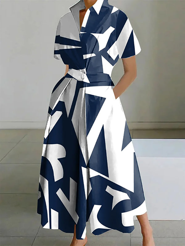 Olivia Bennet | Short Sleeves Printed Lapel Maxi Dresses