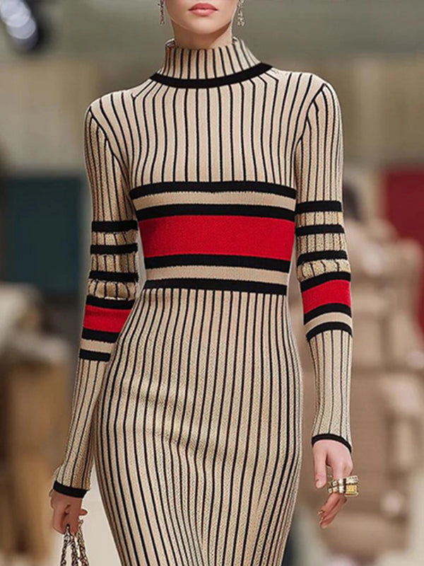 Olivia Bennet | Long Sleeves Skinny Contrast Color Striped High Neck Midi Dresses Sweater Dresses