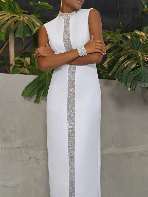 Olivia Bennet | Loose Sleeveless Contrast Color Shiny Split-Back Mock Neck Maxi Dresses