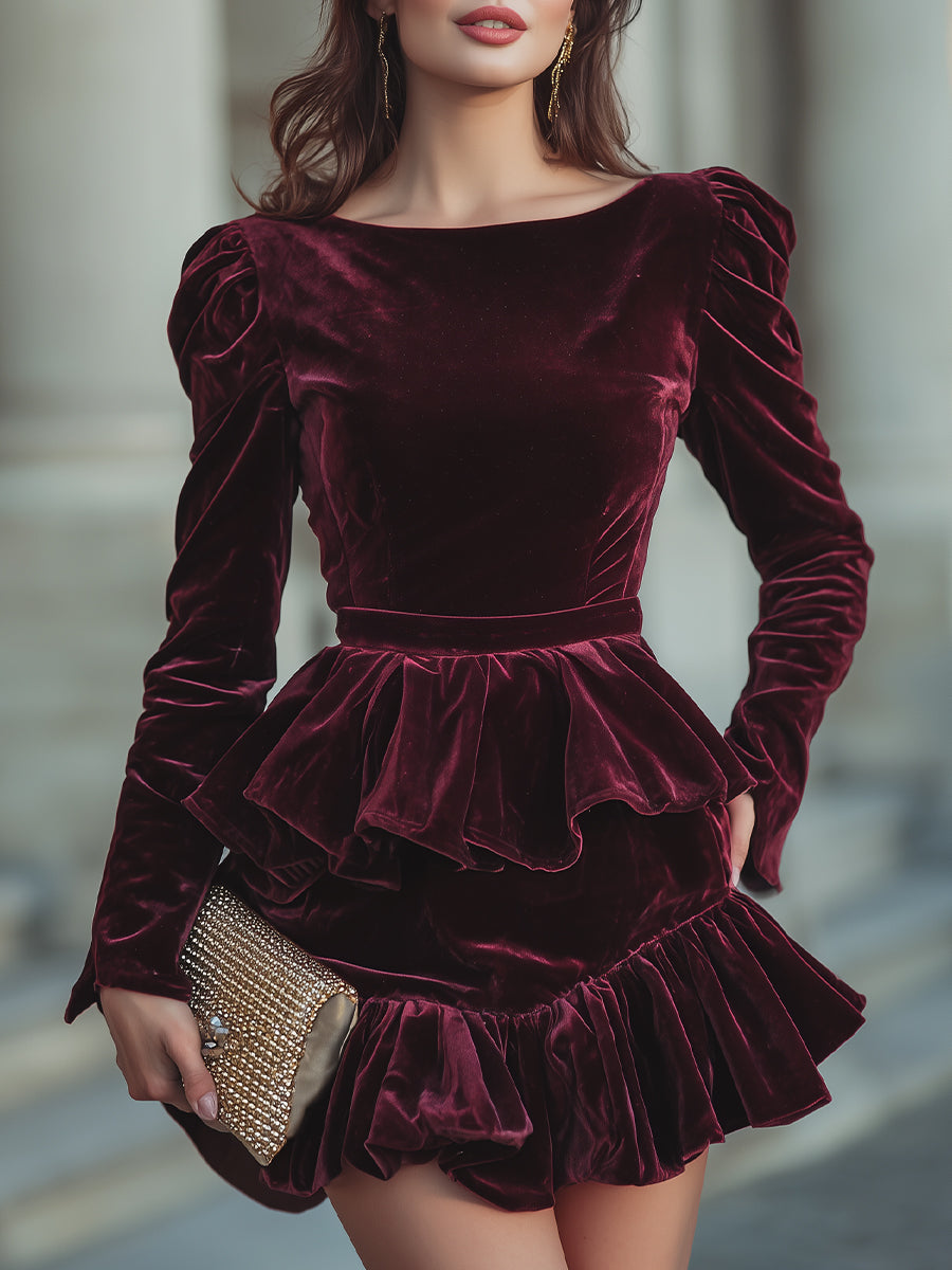 Olivia Bennet | Ivory Long-Sleeve Layered Ruffle Chiffon Mini Dress
