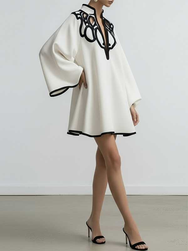 Olivia Bennet | Flared Sleeves Loose Contrast Color Hollow Stand Collar Mini Dresses