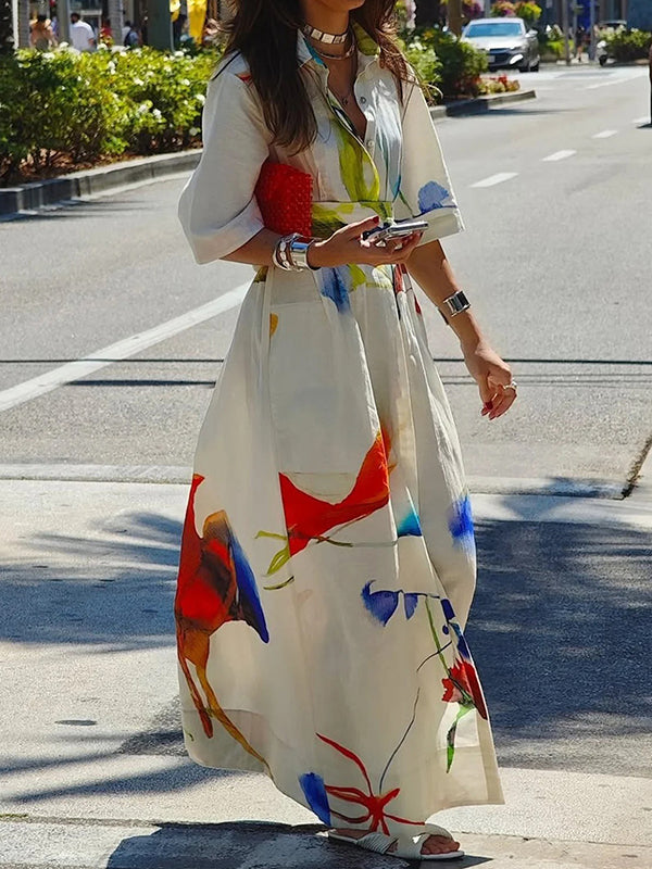 Olivia Bennet | Half Sleeves Loose Asymmetric Printed Split-Joint Tied Waist Lapel Maxi Dresses Shirt Dress