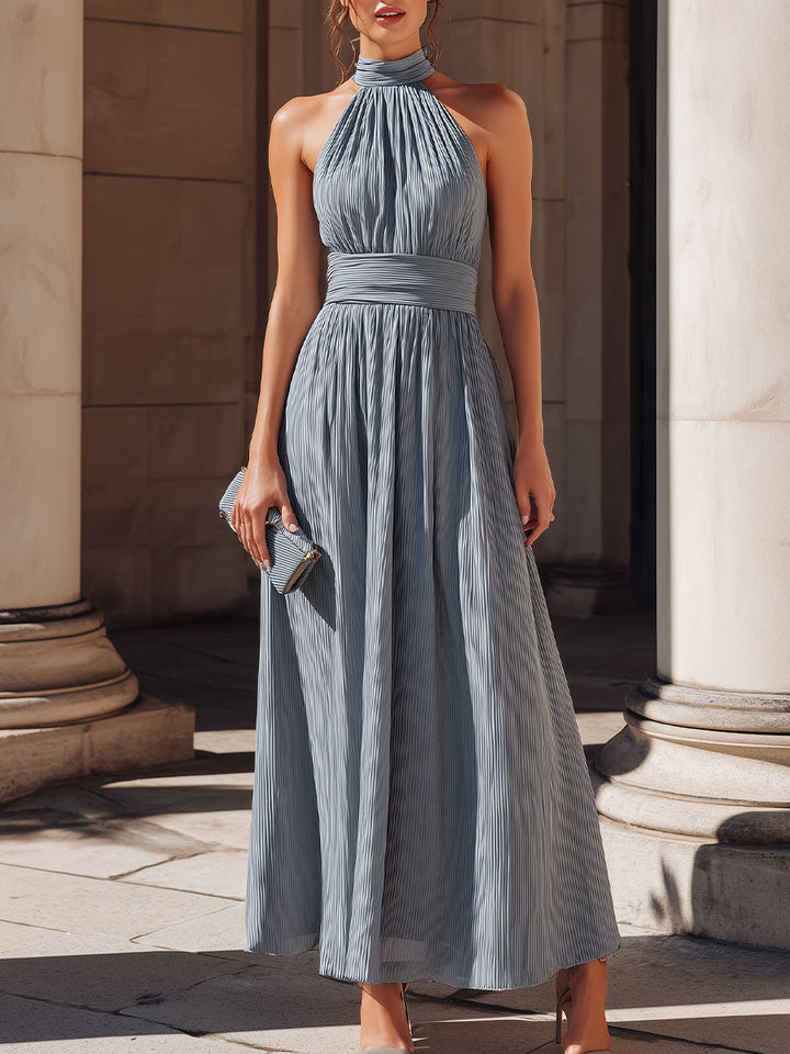 Olivia Bennet | Pleated Halter-Neck A-Line Maxi Dress