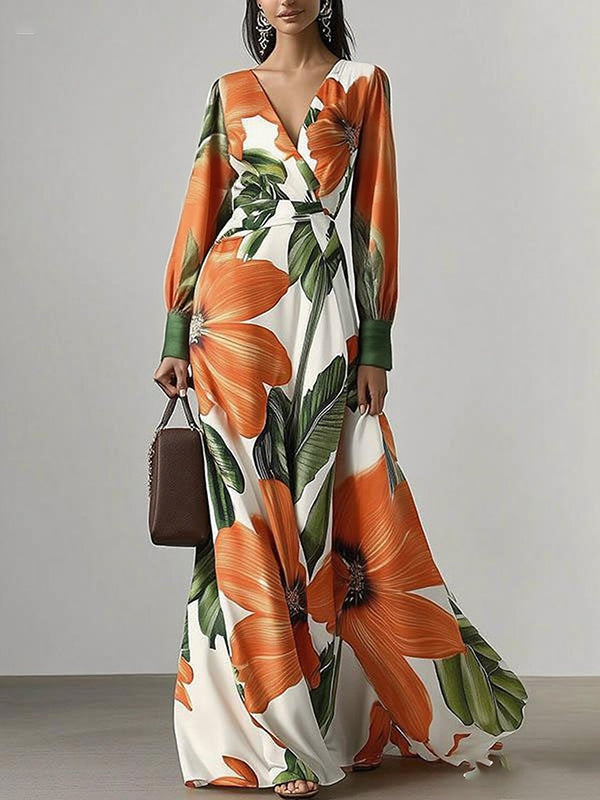 Olivia Bennet | Long Sleeves Loose Flower Print Pleated V-Neck Maxi Dresses