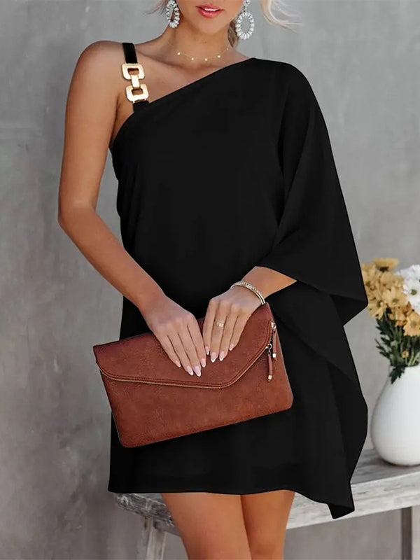 Olivia Bennet | Batwing Sleeves Loose Color-Block Hollow Printed One-shoulder Mini Dresses Short Dresses