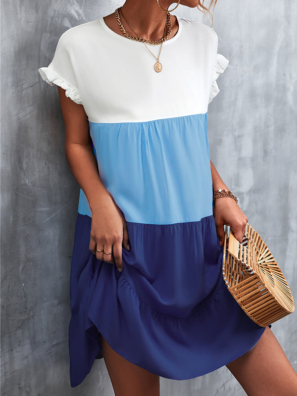 Olivia Bennet | Loose Ruffle Sleeves Contrast Color Falbala Pleated Split-Joint Round-Neck Mini Dresses
