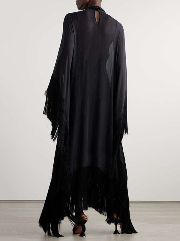 Olivia Bennet | Batwing Sleeves Loose See-Through Solid Color Tasseled Mock Neck Maxi Dresses