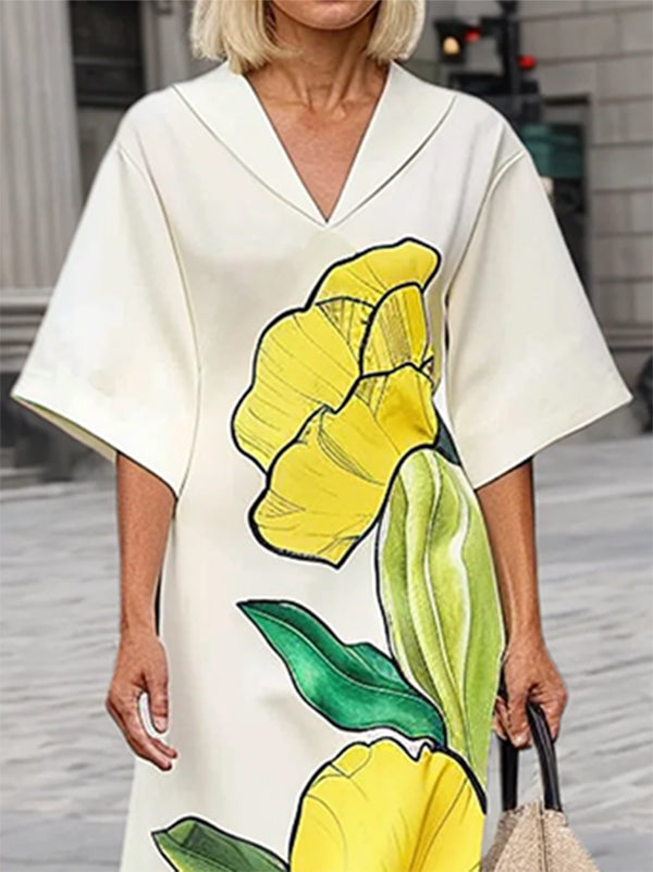 Olivia Bennet | Batwing Sleeves Loose Floral Printed Split-Joint V-Neck Maxi Dresses