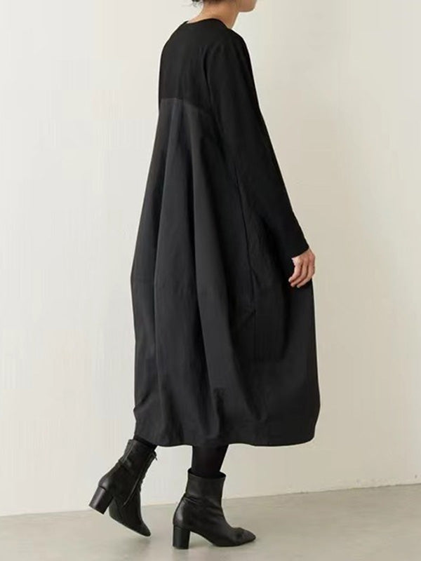 Olivia Bennet | Long Sleeves Loose Split-Joint Round-Neck Midi Dresses