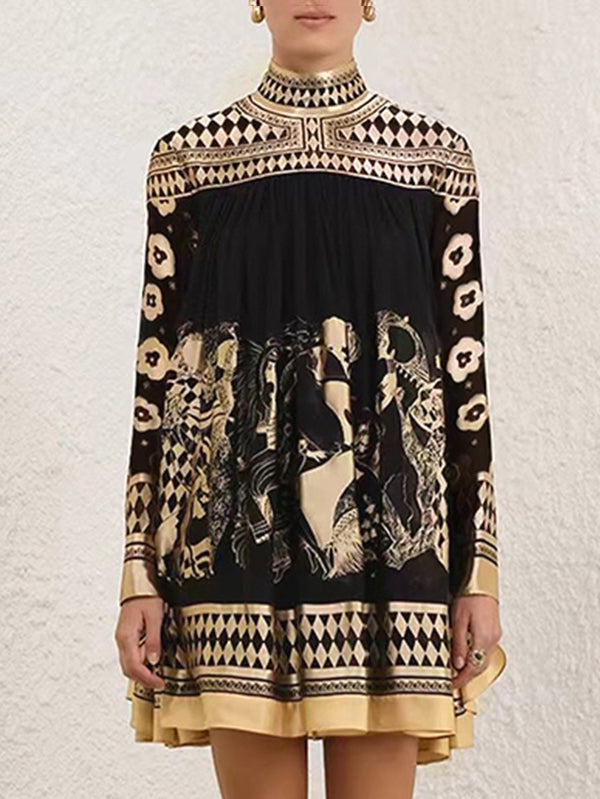 Olivia Bennet | A-Line Long Sleeves Bronzing Printed Split-Joint Mock Neck Mini Dresses