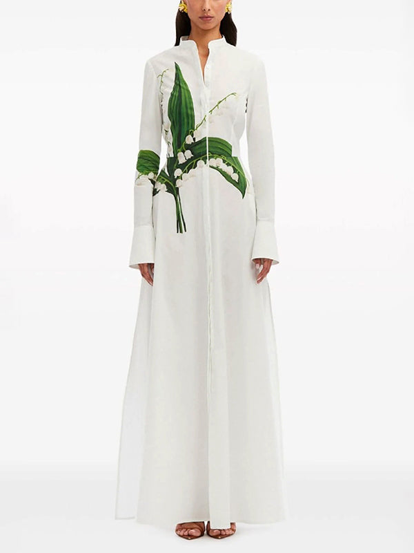 Olivia Bennet | A-Line Long Sleeves Buttoned Flower Print Round-Neck Maxi Dresses