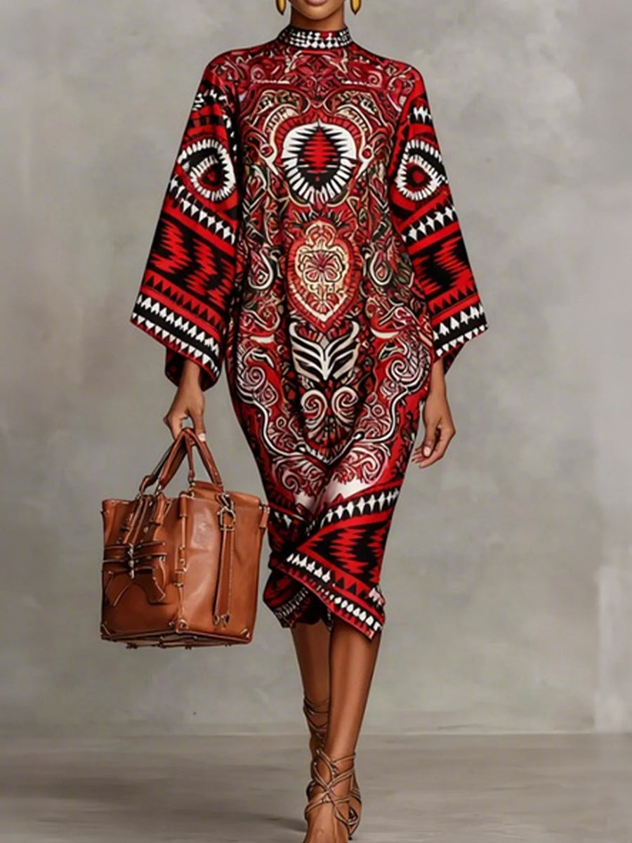 Olivia Bennet | Flared Sleeves Long Sleeves Contrast Color Flower Print Geometric Split-Joint Round-Neck Midi Dresses