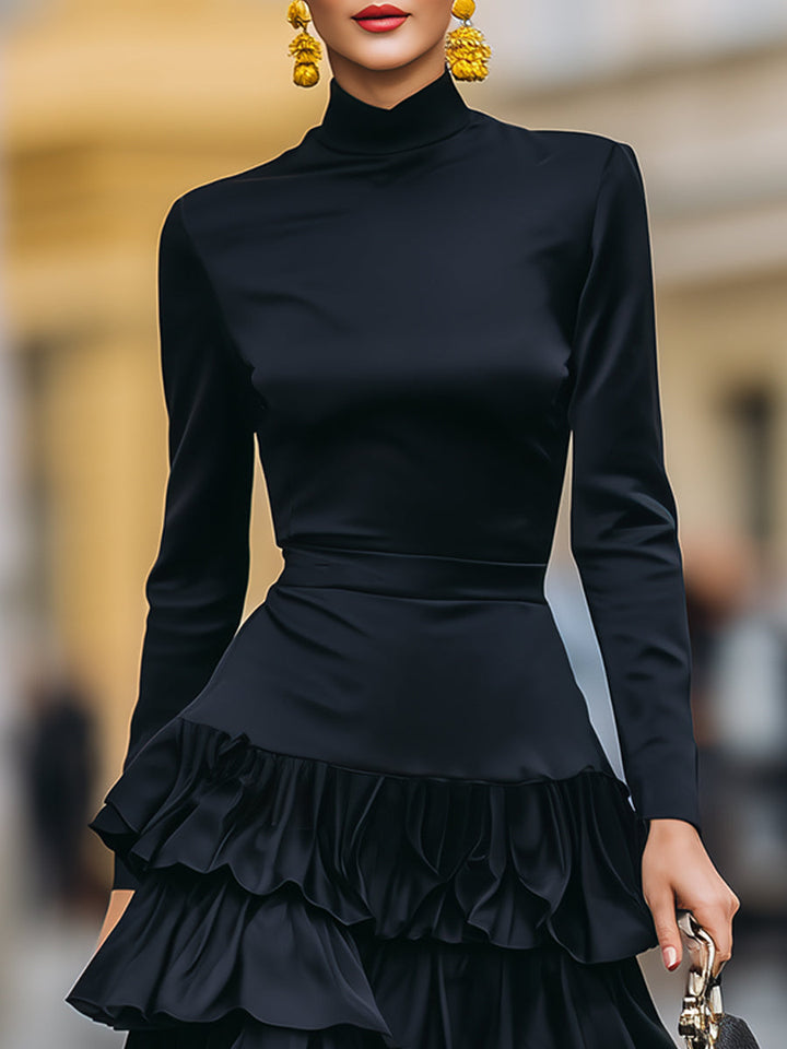 Olivia Bennet | Mock Neck Tiered Ruffle Chiffon Midi Dress