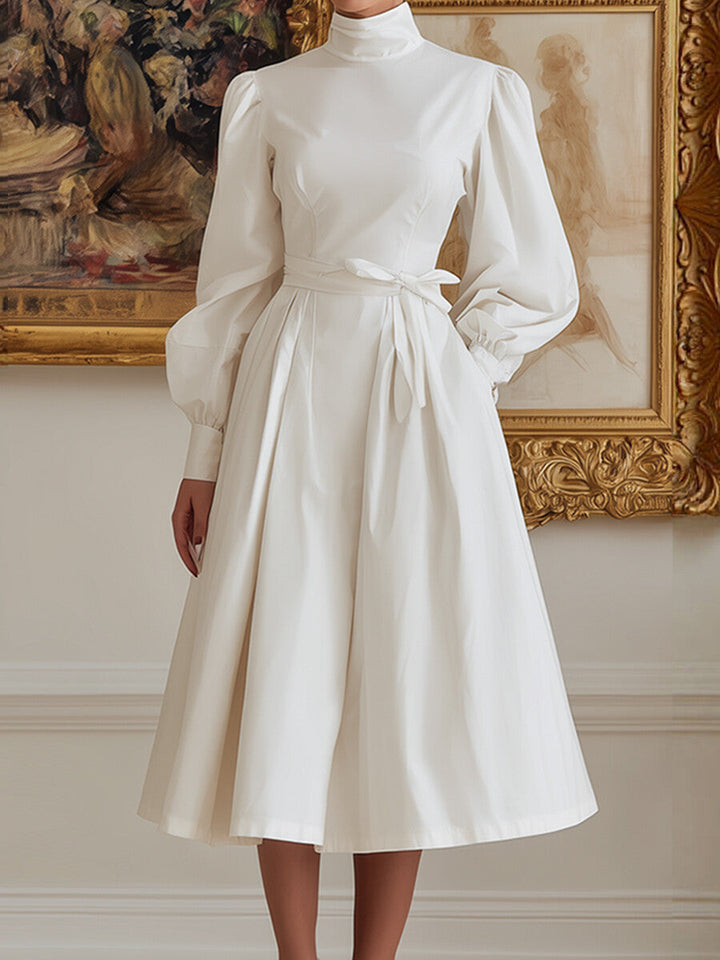 Olivia Bennet | A-Line High Waisted Pleated Pockets Solid Color Tied Waist High Neck Midi Dresses