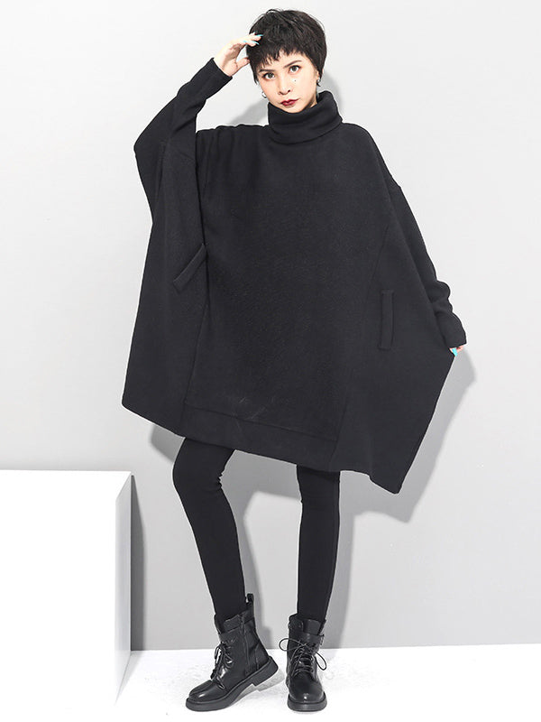 Olivia Bennet | Super Loose Black High-Neck Knitting Batwing Sleeves Sweater Dress