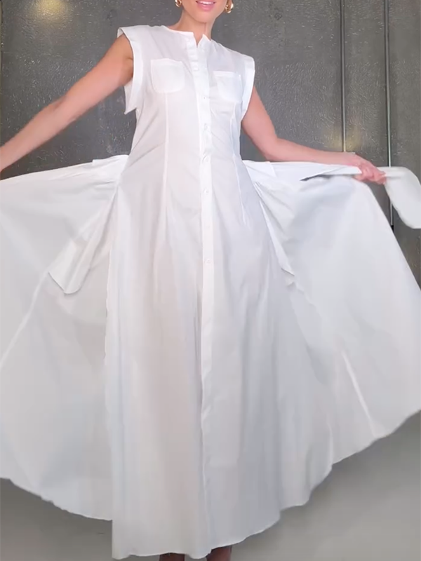 Olivia Bennet | Cap Sleeve Loose Buttoned Solid Color Split-Side Tied Waist Maxi Dresses Shirt Dress