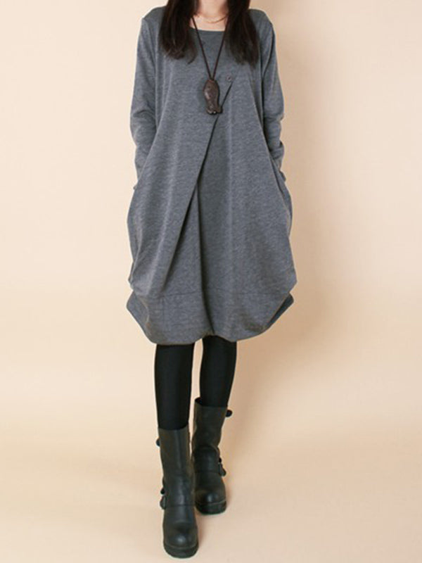 Olivia Bennet | A-line Long Sleeves Pleated Solid Color Round-neck Dresses Maxi Dresses