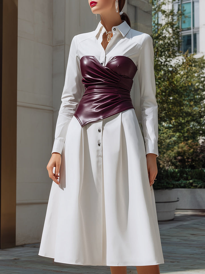 Olivia Bennet | White & Wine-Red Sculpted Corset Leather Shirt Dress Set