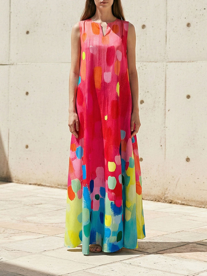 Olivia Bennet | Loose Sleeveless Contrast Color Printed V-Neck Maxi Dresses
