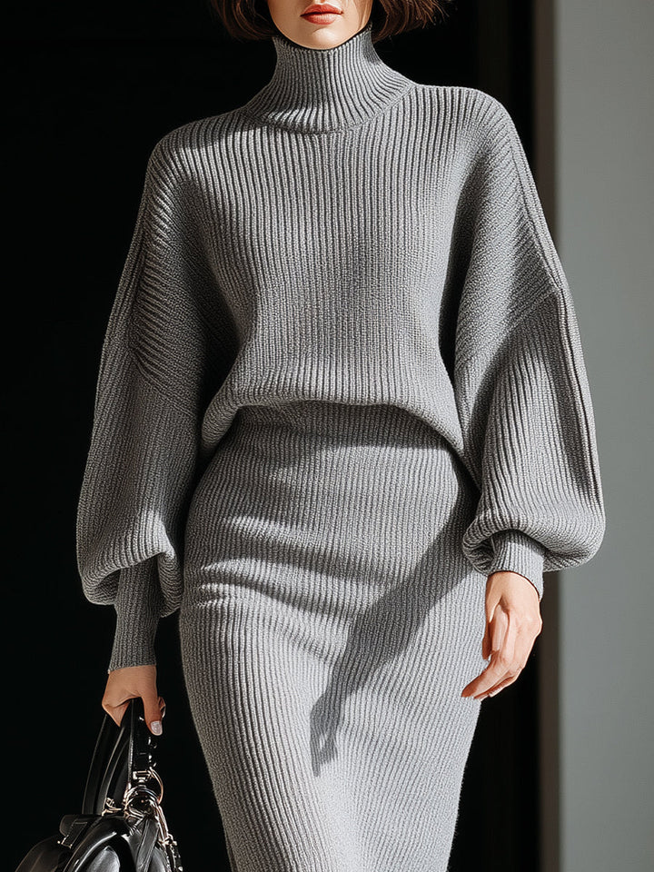 Olivia Bennet | Gray Ribbed Turtleneck Batwing Sweater Dress