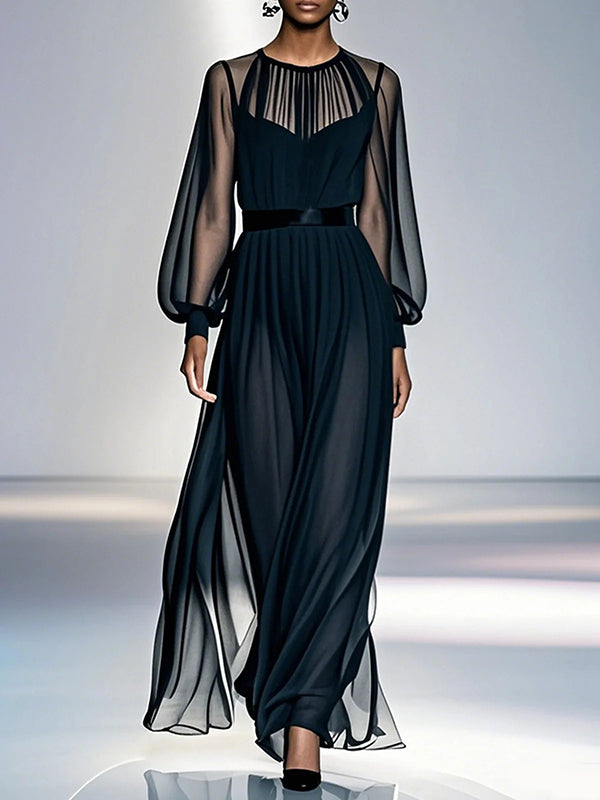 Olivia Bennet | False Two Loose Gauze Pleated See-Through Round-Neck Maxi Dresses