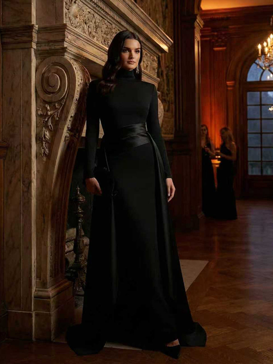 Olivia Bennet | Bodycon Elasticated Waist Asymmetric Solid Color Split-Joint High Neck Maxi Dresses