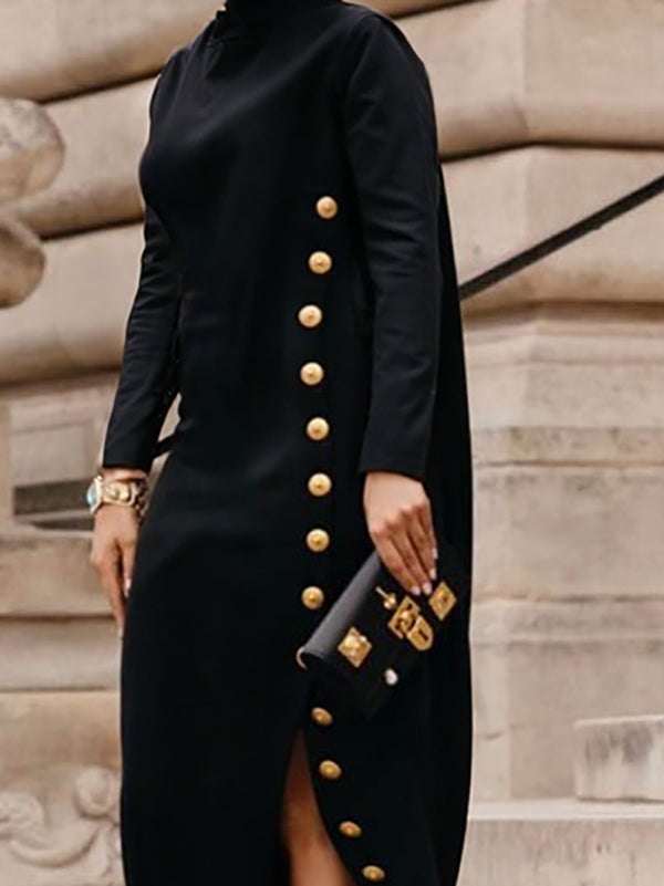 Olivia Bennet | Long Sleeves Loose Asymmetric Buttoned Split-Joint Split-Side Mock Neck Maxi Dresses