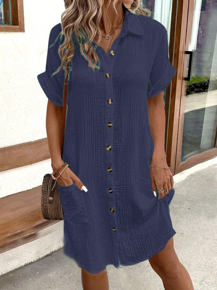 Olivia Bennet | Half Sleeves Loose Buttoned Pockets Solid Color Lapel Mini Dresses