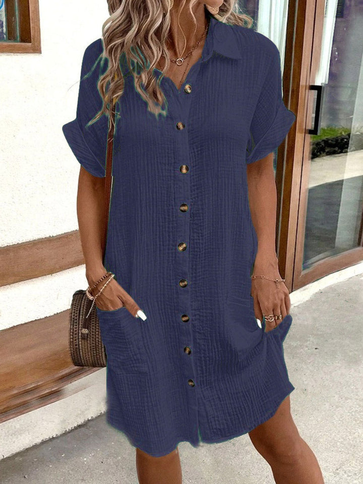 Olivia Bennet | Half Sleeves Loose Buttoned Pockets Solid Color Lapel Mini Dresses