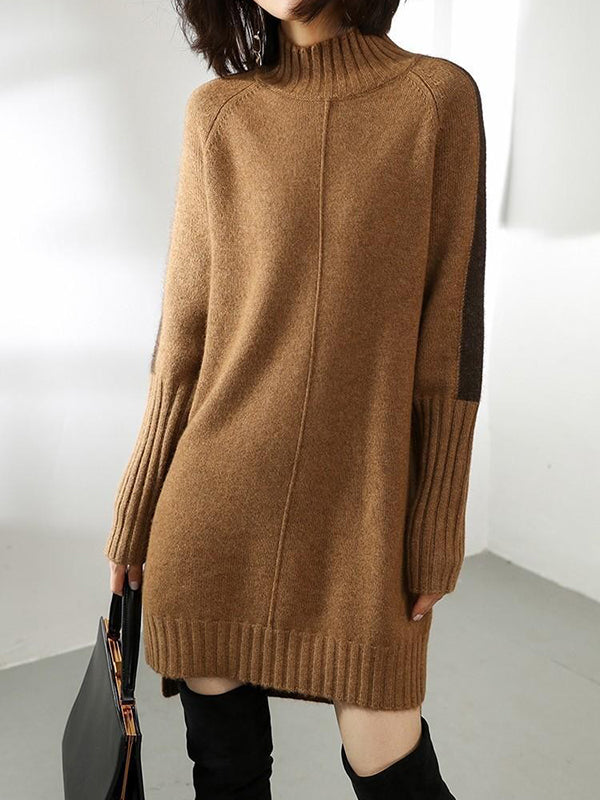 Olivia Bennet | Loose Long Sleeves Contrast Color Half Turtleneck Sweater Dresses