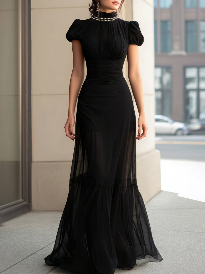 Olivia Bennet | Ivory Pearl-Trim Sheer-Panel Tulle Evening Gown