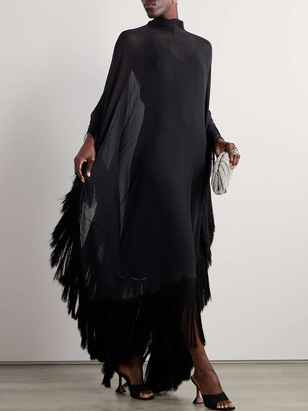 Olivia Bennet | Batwing Sleeves Loose See-Through Solid Color Tasseled Mock Neck Maxi Dresses