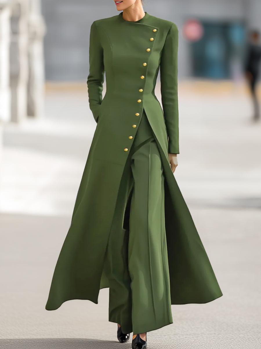 Olivia Bennet | High Waisted Long Sleeves Buttoned Solid Color Split-Front Round-Neck Midi Dresses