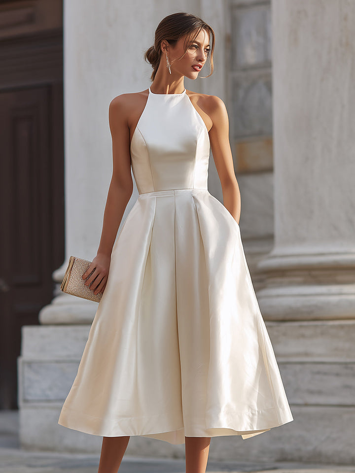 Olivia Bennet | Ivory Halter-Neck Pleated Chiffon Dress