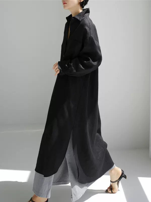 Olivia Bennet | Simple Long Sleeves Split-Side Solid Color Lapel Midi Dresses Shirt Dress