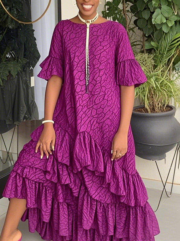 Olivia Bennet | Flared Sleeves Half Sleeves Asymmetric Layered Pleated Printed Ruffle Trim Round-Neck Maxi Dresses