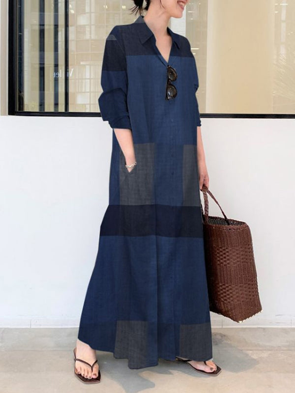 Olivia Bennet | Long Sleeves Loose Plaid Pockets Lapel Maxi Dresses Shirt Dress