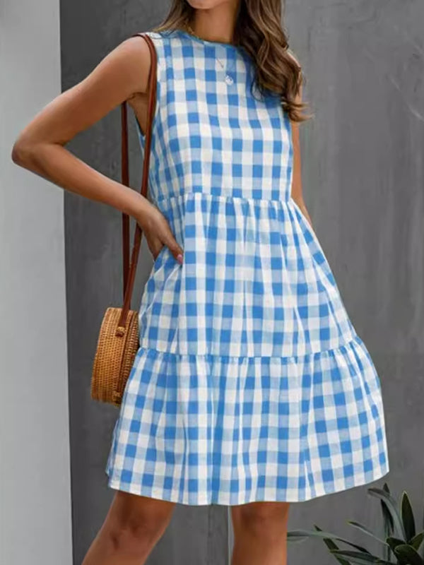 Olivia Bennet | Loose Sleeveless Hollow Plaid Pleated Split-Joint Round-Neck Mini Dresses