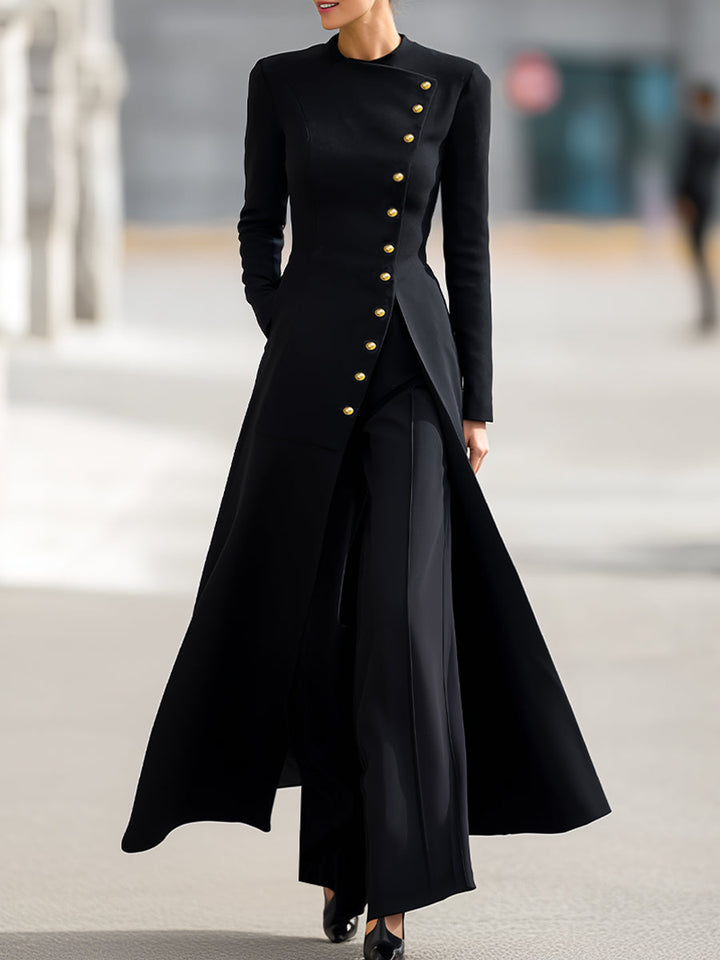 Olivia Bennet | High Waisted Long Sleeves Buttoned Solid Color Split-Front Round-Neck Midi Dresses