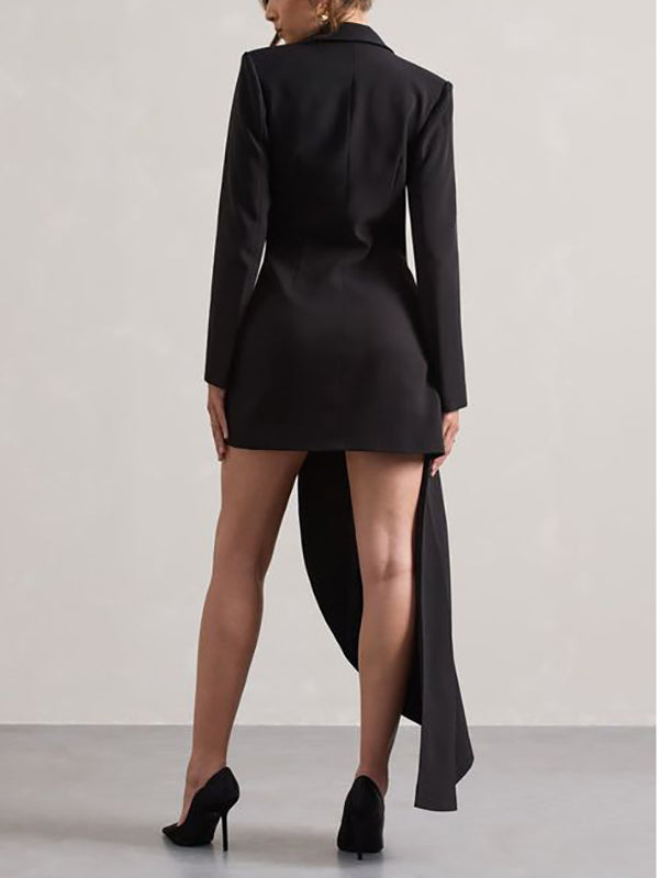 Olivia Bennet | Long Sleeves Asymmetric Buttoned Pockets Solid Color Notched Collar Blazer Maxi Dress