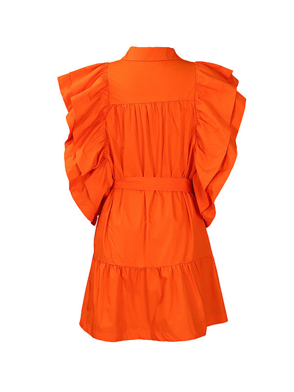 Olivia Bennet | A-Line High Waisted Buttoned Pleated Ruffled Solid Color Tied Waist Lapel Mini Dresses