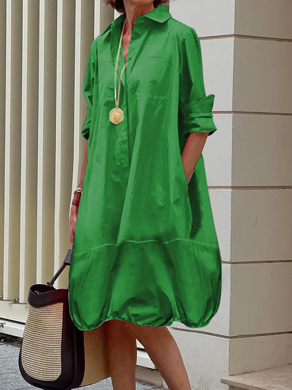 Olivia Bennet | Long Sleeves Loose Solid Color Lapel Collar Midi Dresses Shirt Dress