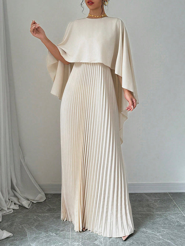 Olivia Bennet | Cape High-Low Pleated Solid Color Split-Joint Round-Neck Evening Dresses Maxi Dresses