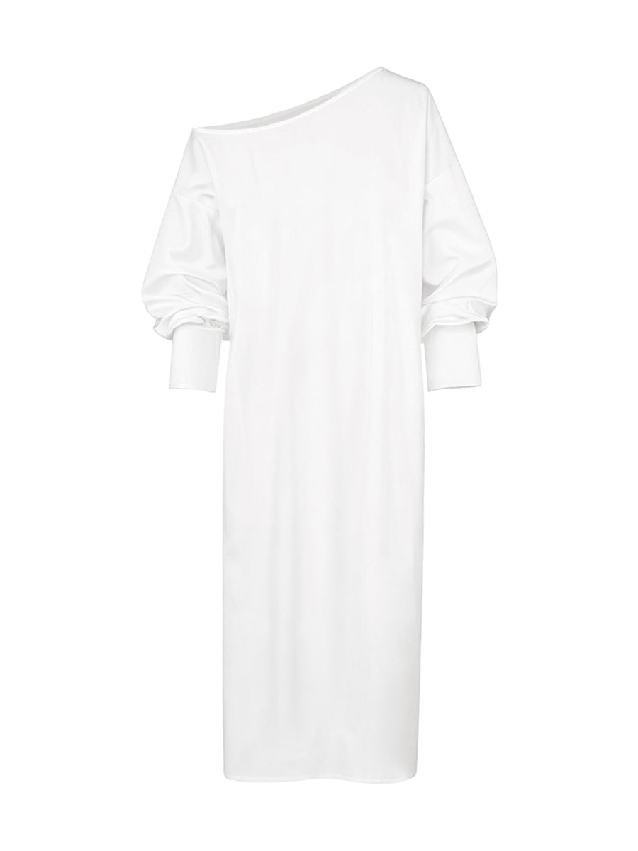 Olivia Bennet | Long Sleeves Loose Solid Color Split-Side One-Shoulder Midi Dresses
